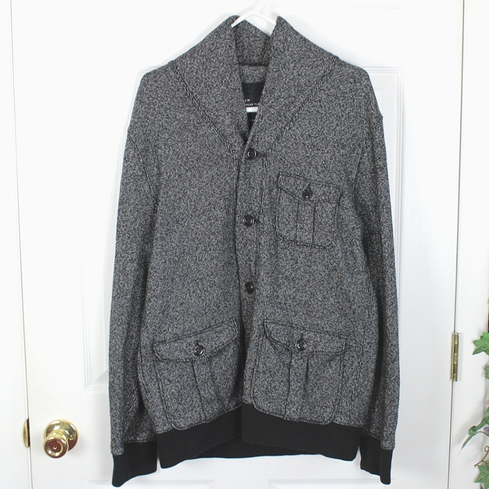 J Crew Mens M Medium Outerwear Fleece Jacket Button Pockets Black Gray Cotton
